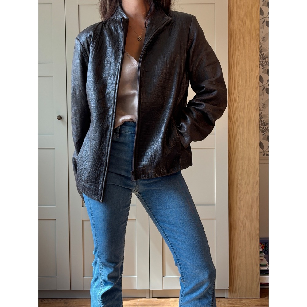 Express World Brand Vintage Chocolate Brown Croc Embossed Leather Jacket 13/14